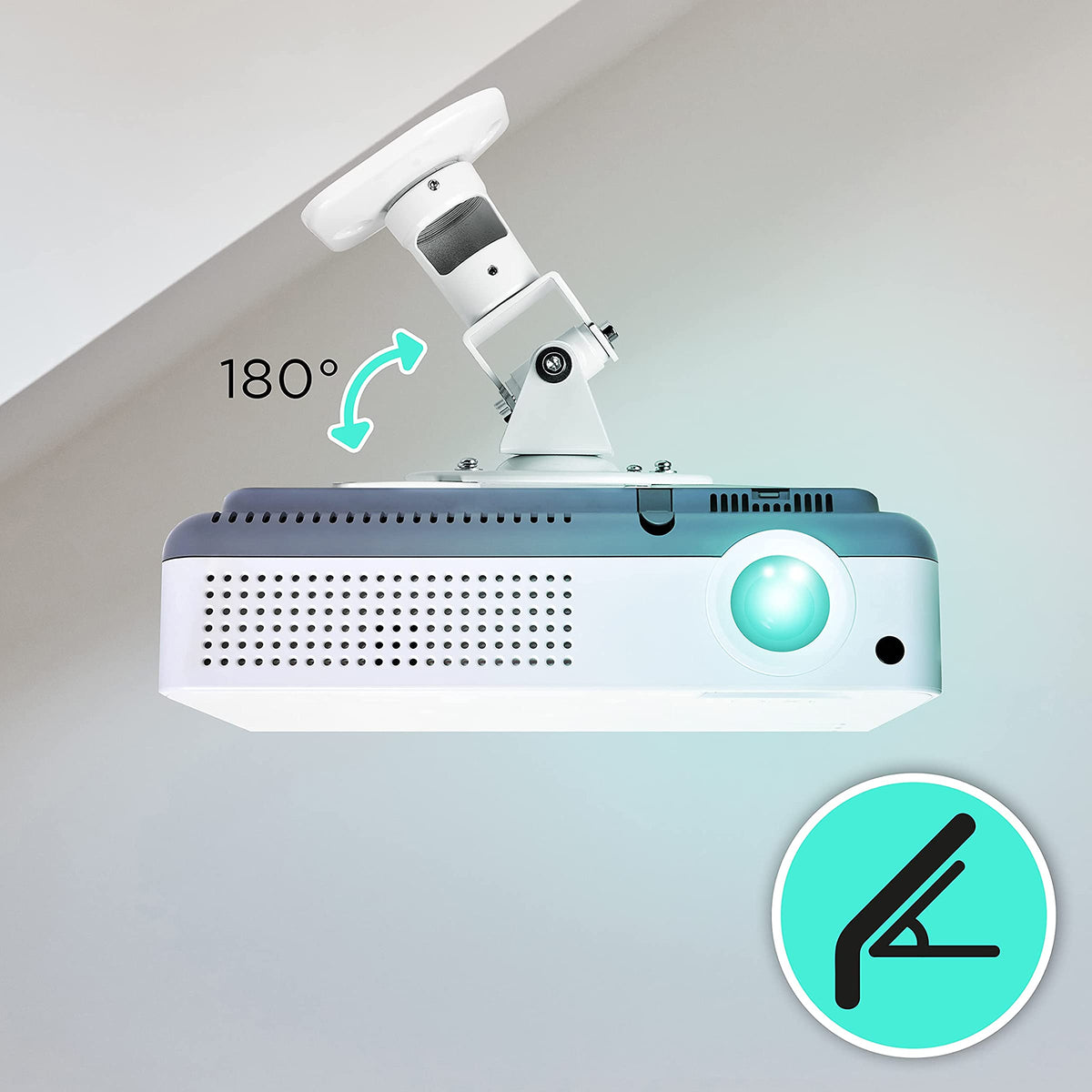 Duronic PB07XB Soporte para Proyector de Techo y Pared, Universal | Mostrando el soporte instalado en un techo inclinado, destacando su versatilidad y ángulo de ajuste de 180° para adaptarse a diferentes superficies de montaje