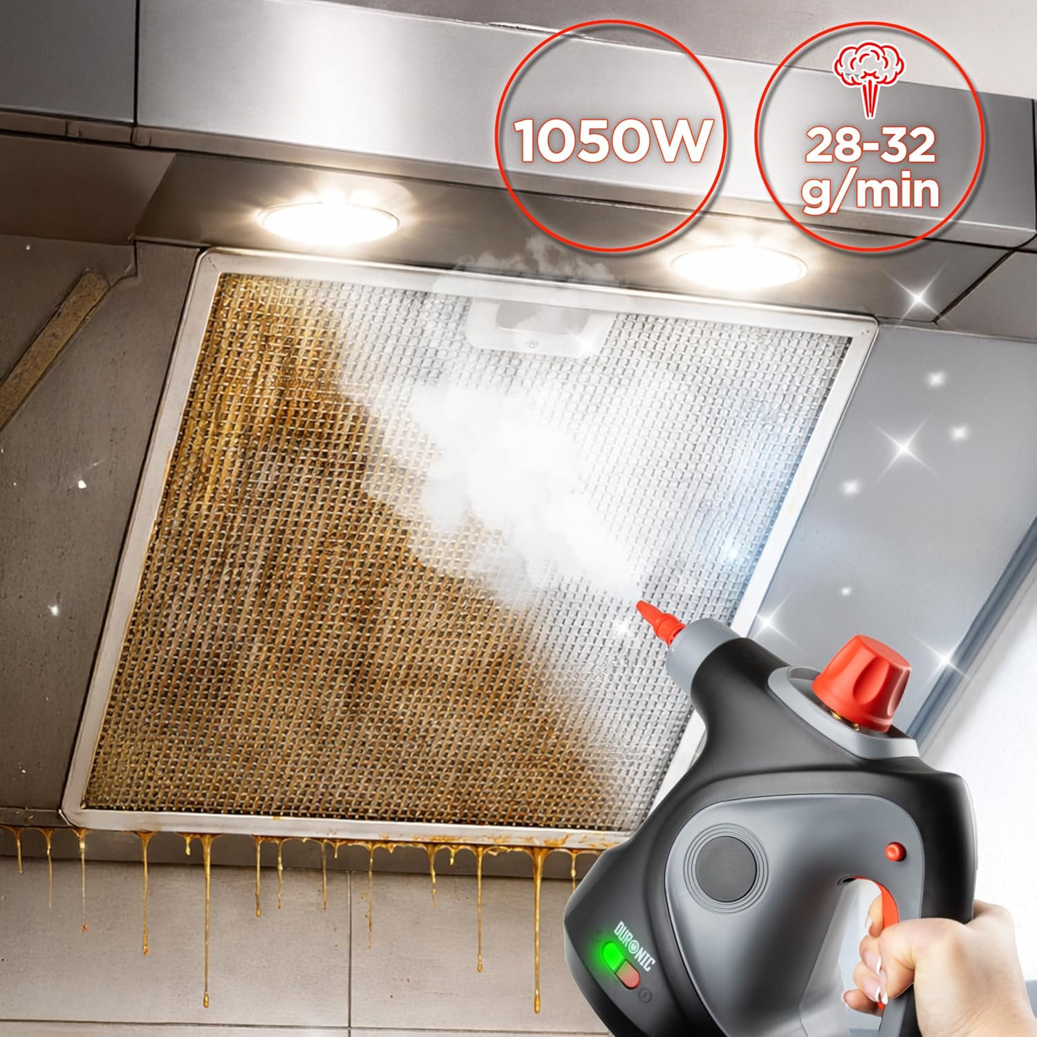 Duronic SC32 BK Limpiador de Vapor de Mano Mostrando el limpiador de vapor aplicado sobre la rejilla metálica de una campana extractora con una potencia de 1050W y un flujo de vapor de 28-32 g/min
