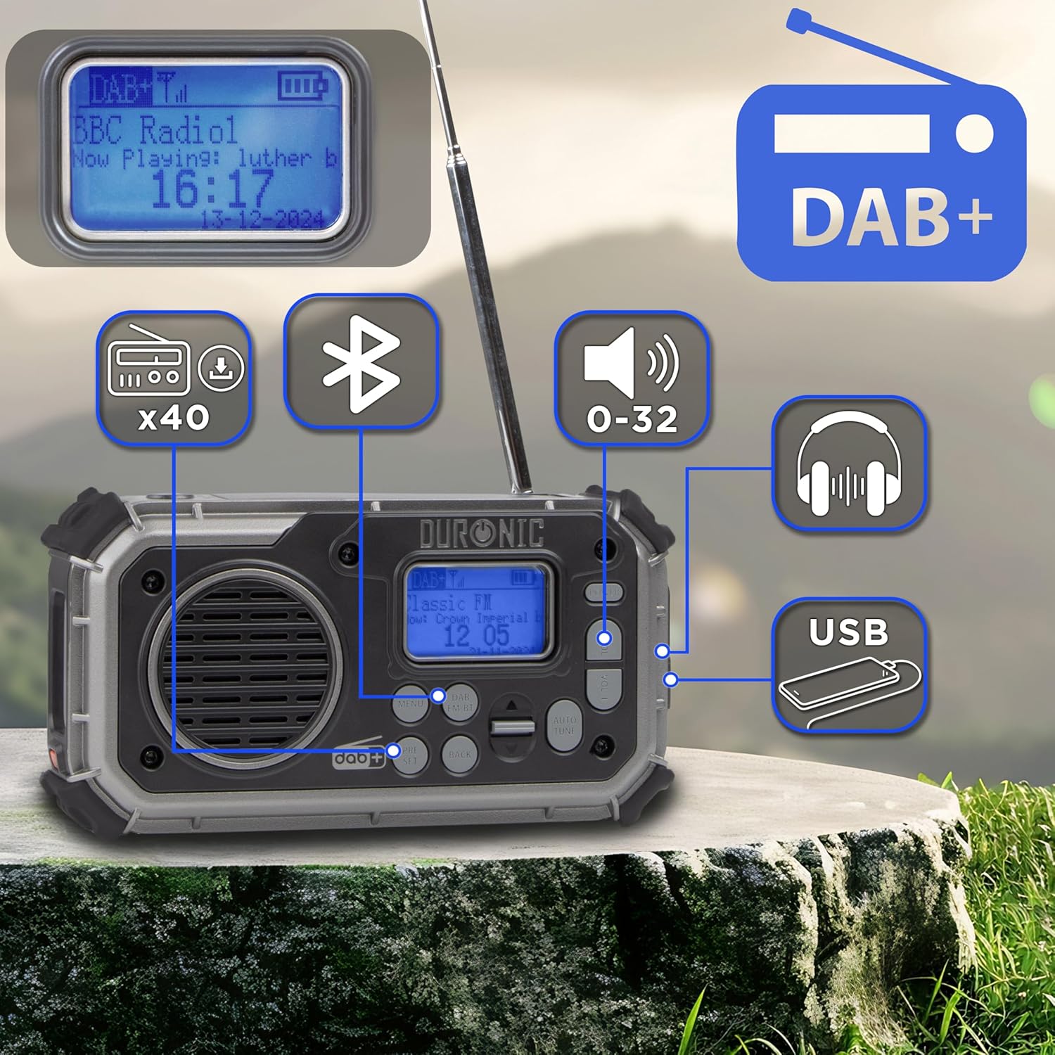 Duronic SDAB1 Radio Solar, Radio Emergencia Solar Dinamo, Radio Dinamo Mostrando las características principales de la radio, como su conectividad Bluetooth, compatibilidad con DAB+, capacidad de almacenar hasta 40 presintonías, control de volumen de 0 a 32, salida para auriculares y puerto USB para carga