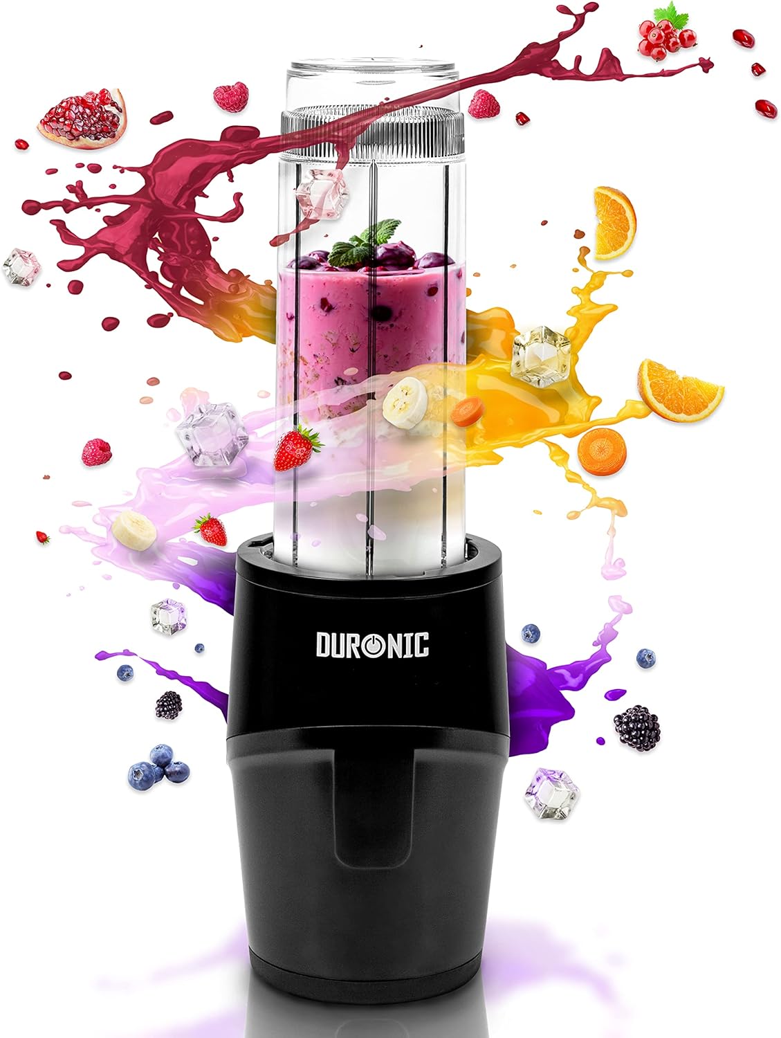 Duronic BL510 Mini Batidora se ve en la imagen la batidora con jugo adentro mientras frutas giran alrededor de la batidora
