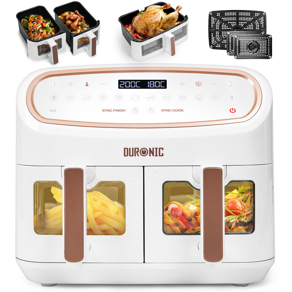 Duronic AF34 WE Freidora de aire sin aceite 2400 W | Air Fryer 2 cestas 5L + 1 cesta 10L con Ventana | Airfryer 10 programas | Pantalla táctil | Cestas antiadherentes | Fácil de limpiar | 50-200º (Copy)