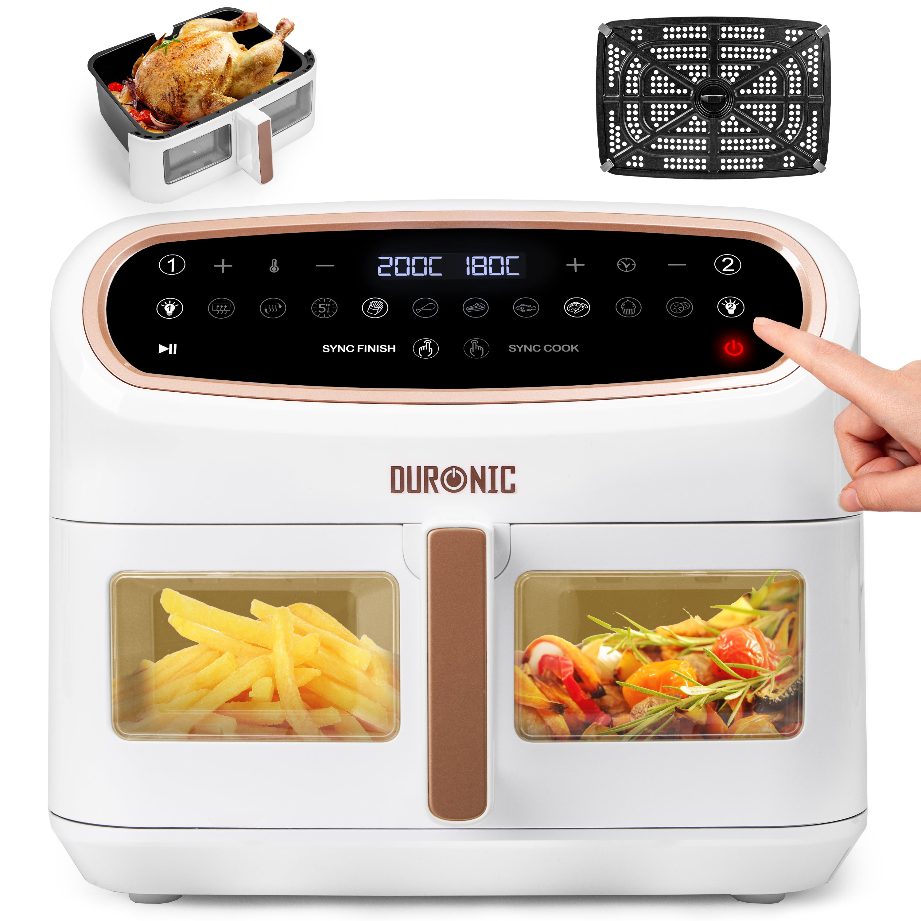 Duronic AF14 WG Freidora de aire sin aceite 2400 W | Air Fryer 1 cesta 10L con Ventana | Airfryer 10 programas | Pantalla táctil | Cestas antiadherentes | Fácil de limpiar | 50-200º