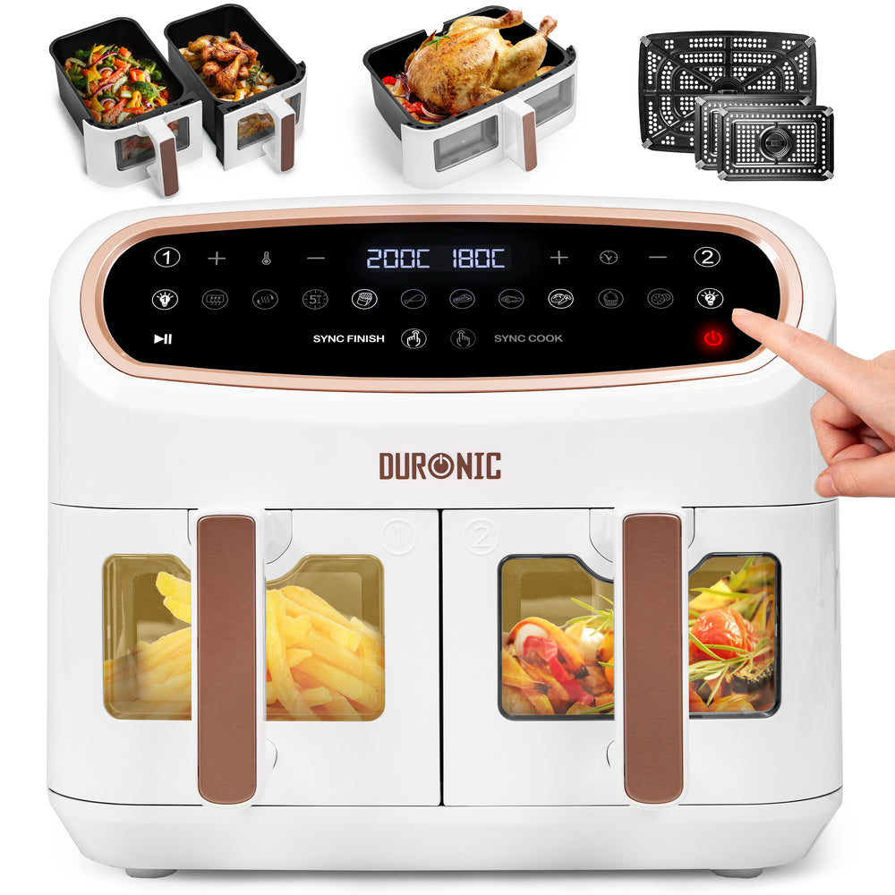 Duronic AF34 WG Freidora de aire sin aceite 2400 W | Air Fryer 2 cestas 5L + 1 cesta 10L con Ventana | Airfryer 10 programas | Pantalla táctil | Cestas antiadherentes | Fácil de limpiar | 50-200º