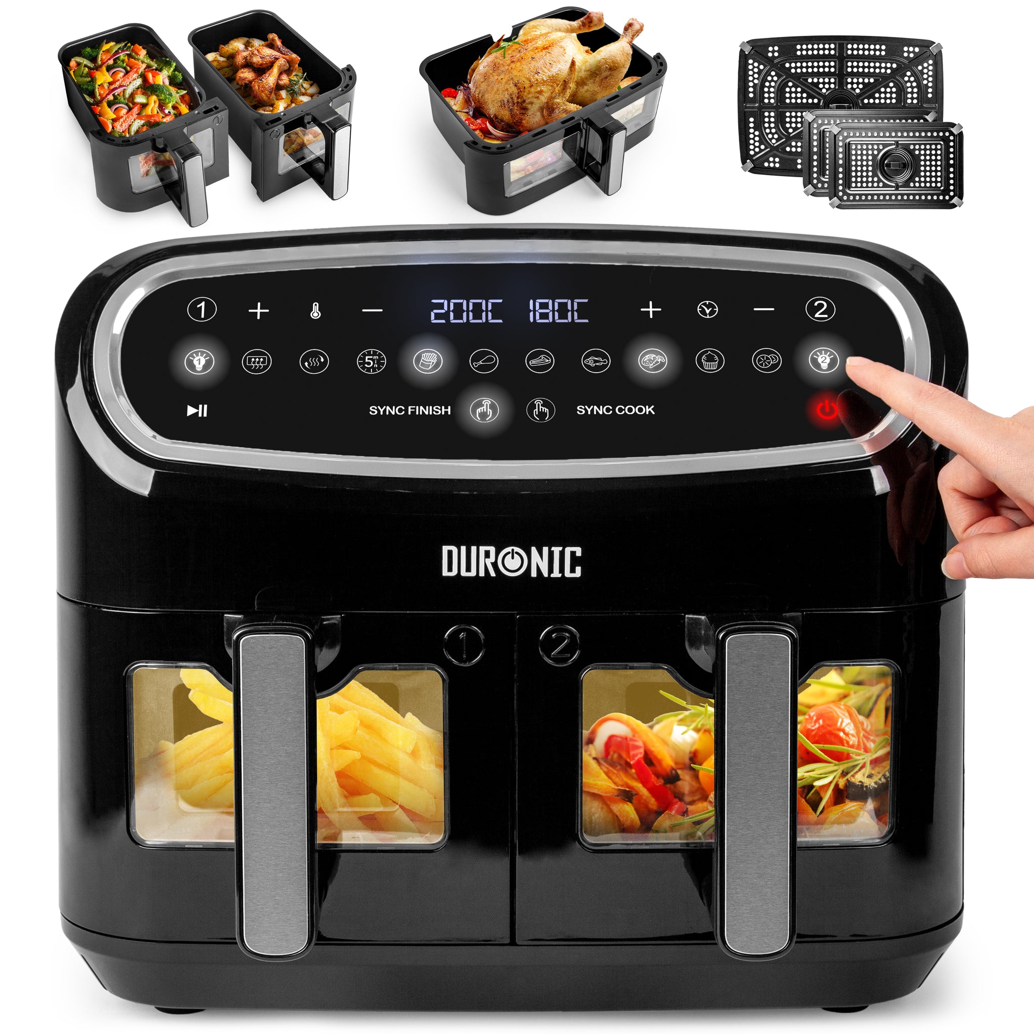 Duronic AF34 BK Freidora de aire sin aceite 2400 W | Air Fryer 2 cestas 5L + 1 cesta 10L con Ventana | Airfryer 10 programas | Pantalla táctil | Cestas antiadherentes | Fácil de limpiar | 50-200º