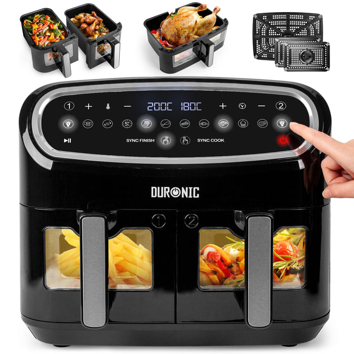 Duronic AF34 BK Freidora de aire sin aceite 2400 W | Air Fryer 2 cestas 5L + 1 cesta 10L con Ventana | Airfryer 10 programas | Pantalla táctil | Cestas antiadherentes | Fácil de limpiar | 50-200º