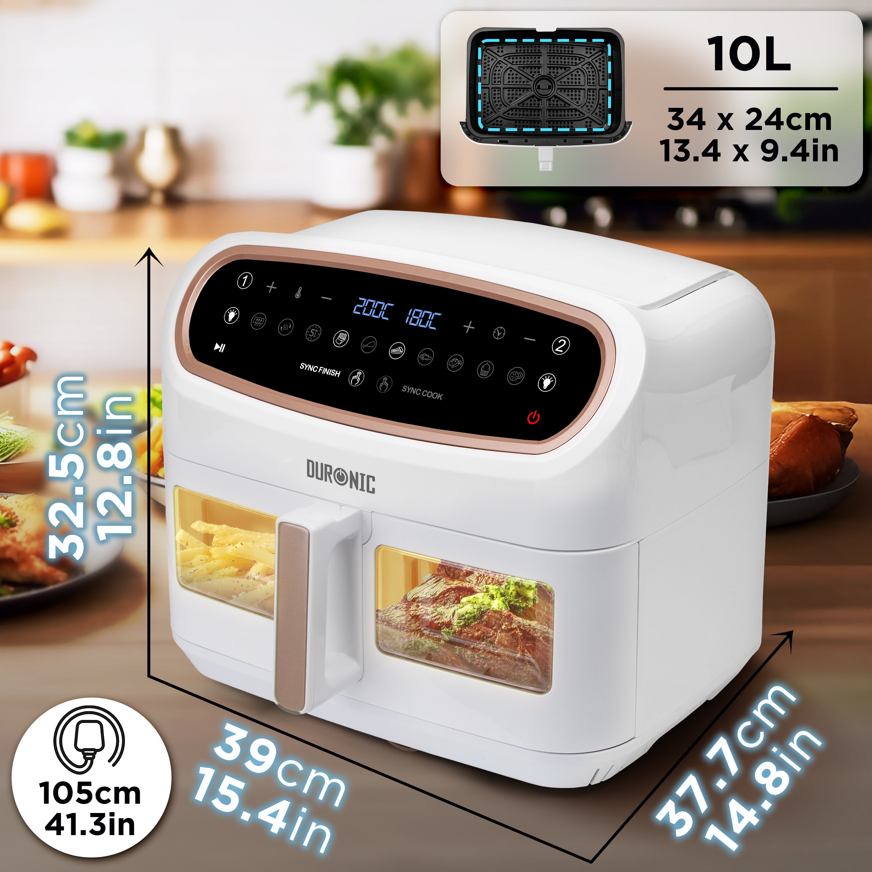 Duronic AF14 WG Freidora de aire sin aceite 2400 W | Air Fryer 1 cesta 10L con Ventana | Airfryer 10 programas | Pantalla táctil | Cestas antiadherentes | Fácil de limpiar | 50-200º