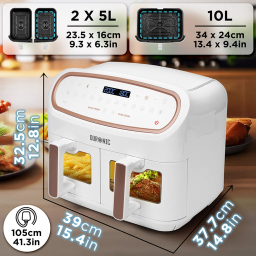Duronic AF34 WE Freidora de aire sin aceite 2400 W | Air Fryer 2 cestas 5L + 1 cesta 10L con Ventana | Airfryer 10 programas | Pantalla táctil | Cestas antiadherentes | Fácil de limpiar | 50-200º (Copy)