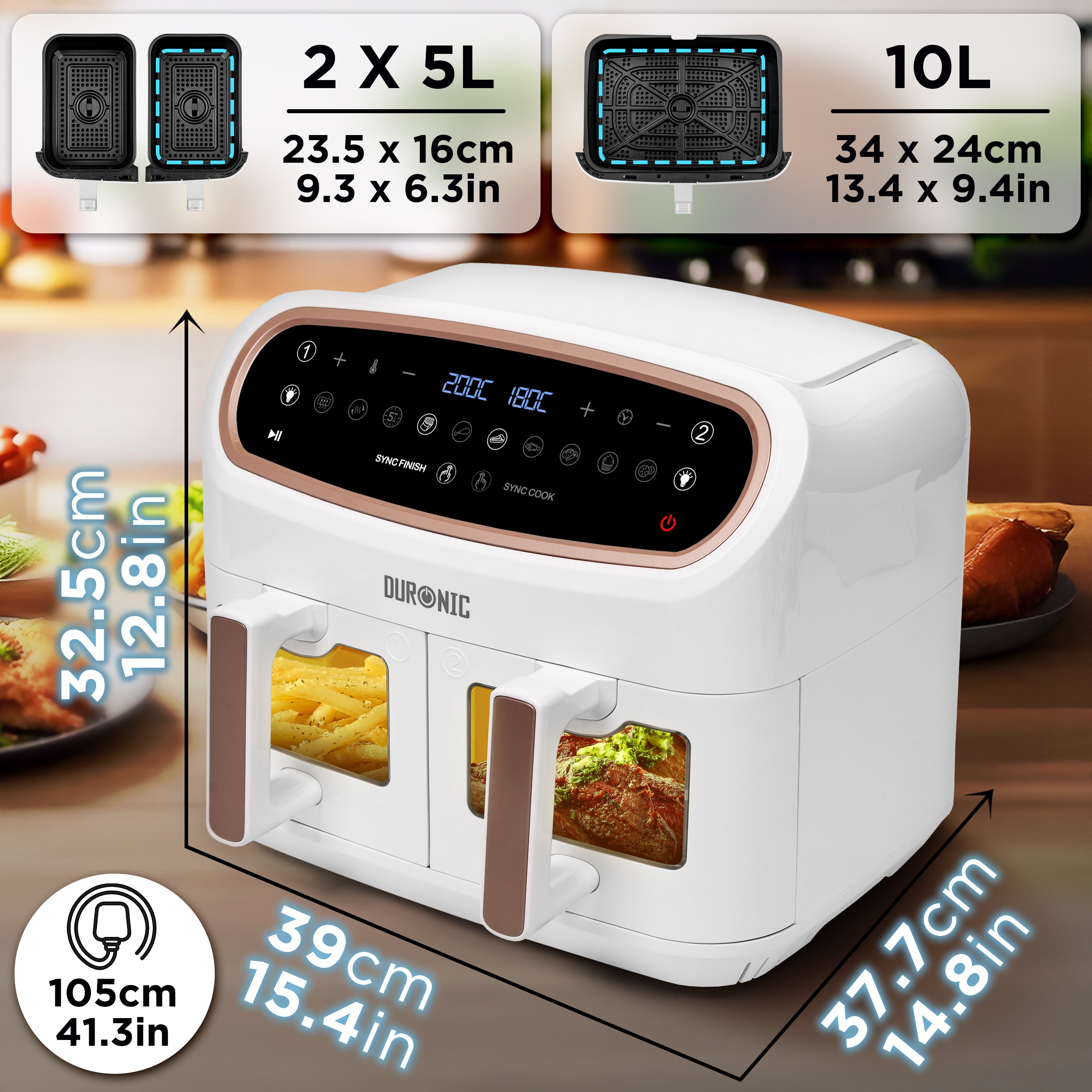 Duronic AF34 WG Freidora de aire sin aceite 2400 W | Air Fryer 2 cestas 5L + 1 cesta 10L con Ventana | Airfryer 10 programas | Pantalla táctil | Cestas antiadherentes | Fácil de limpiar | 50-200º