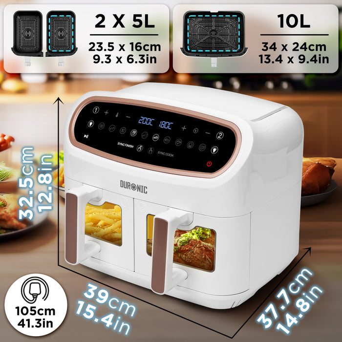 Duronic AF34 WG Freidora de aire sin aceite 2400 W | Air Fryer 2 cestas 5L + 1 cesta 10L con Ventana | Airfryer 10 programas | Pantalla táctil | Cestas antiadherentes | Fácil de limpiar | 50-200º
