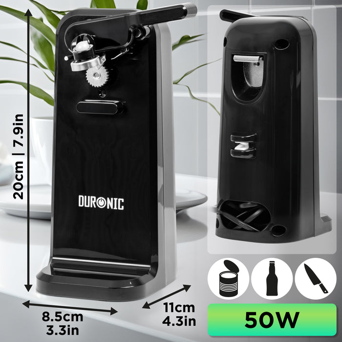 Duronic CO40 BK Abrelatas Eléctrico 50W - Abre Latas de Conserva Automático con Afilador de Cuchillos y Abrebotellas, Permite Retirar Tapones de Botellas y Latas