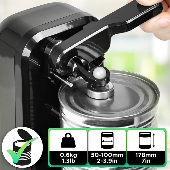 Duronic CO40 BK Abrelatas Eléctrico 50W - Abre Latas de Conserva Automático con Afilador de Cuchillos y Abrebotellas, Permite Retirar Tapones de Botellas y Latas