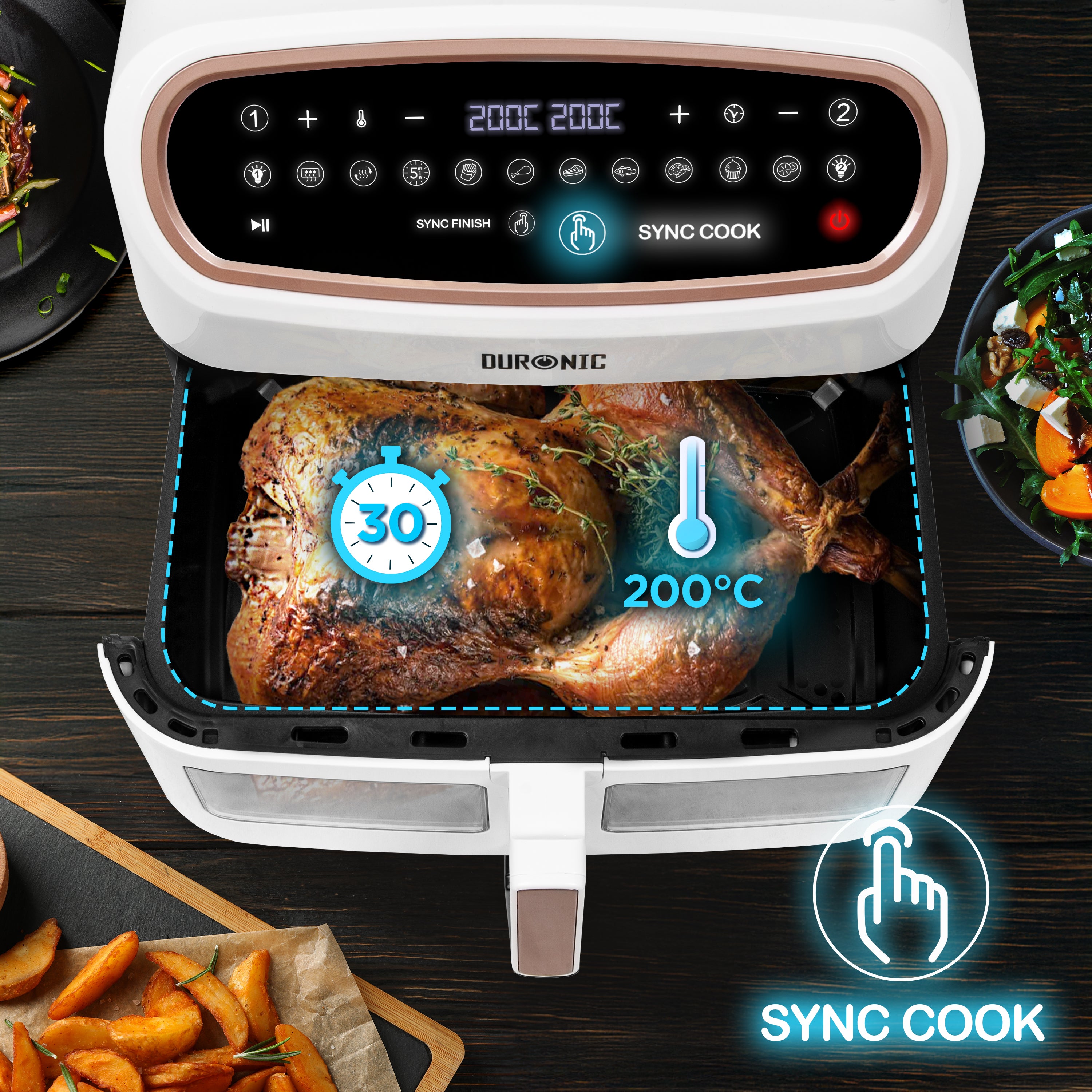 Duronic AF34 WG Freidora de aire sin aceite 2400 W | Air Fryer 2 cestas 5L + 1 cesta 10L con Ventana | Airfryer 10 programas | Pantalla táctil | Cestas antiadherentes | Fácil de limpiar | 50-200º