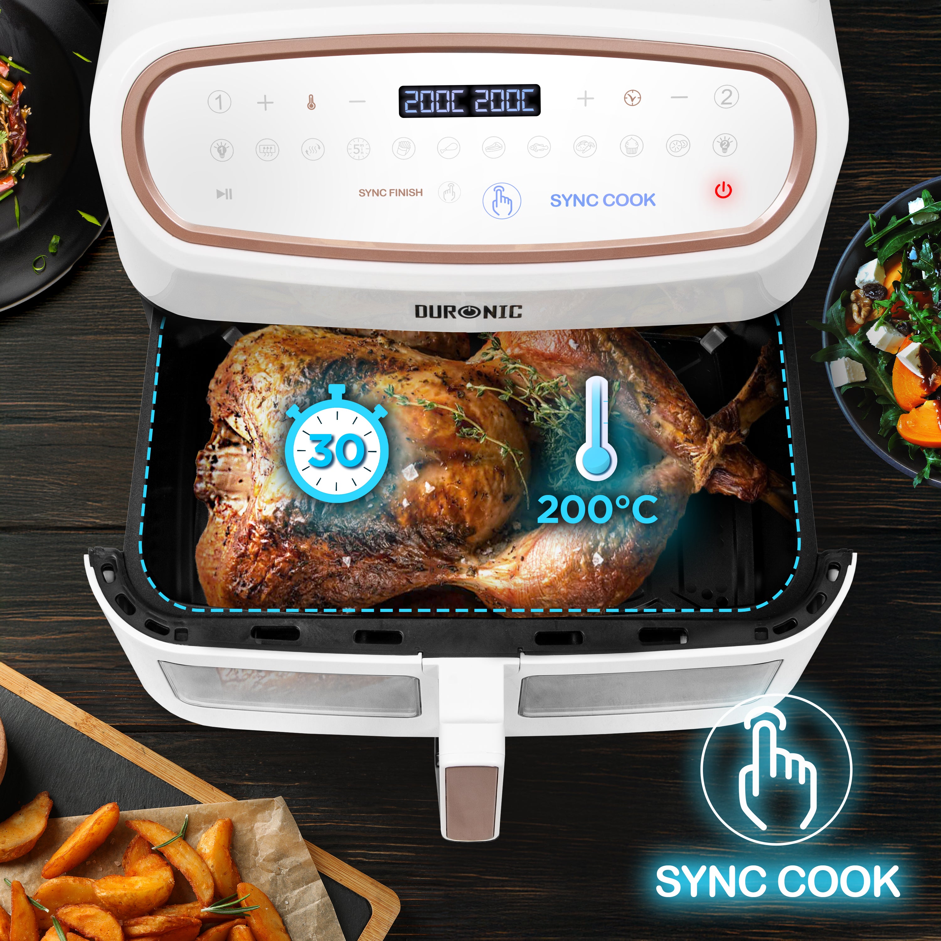 Duronic AF34 WE Freidora de aire sin aceite 2400 W | Air Fryer 2 cestas 5L + 1 cesta 10L con Ventana | Airfryer 10 programas | Pantalla táctil | Cestas antiadherentes | Fácil de limpiar | 50-200º (Copy)