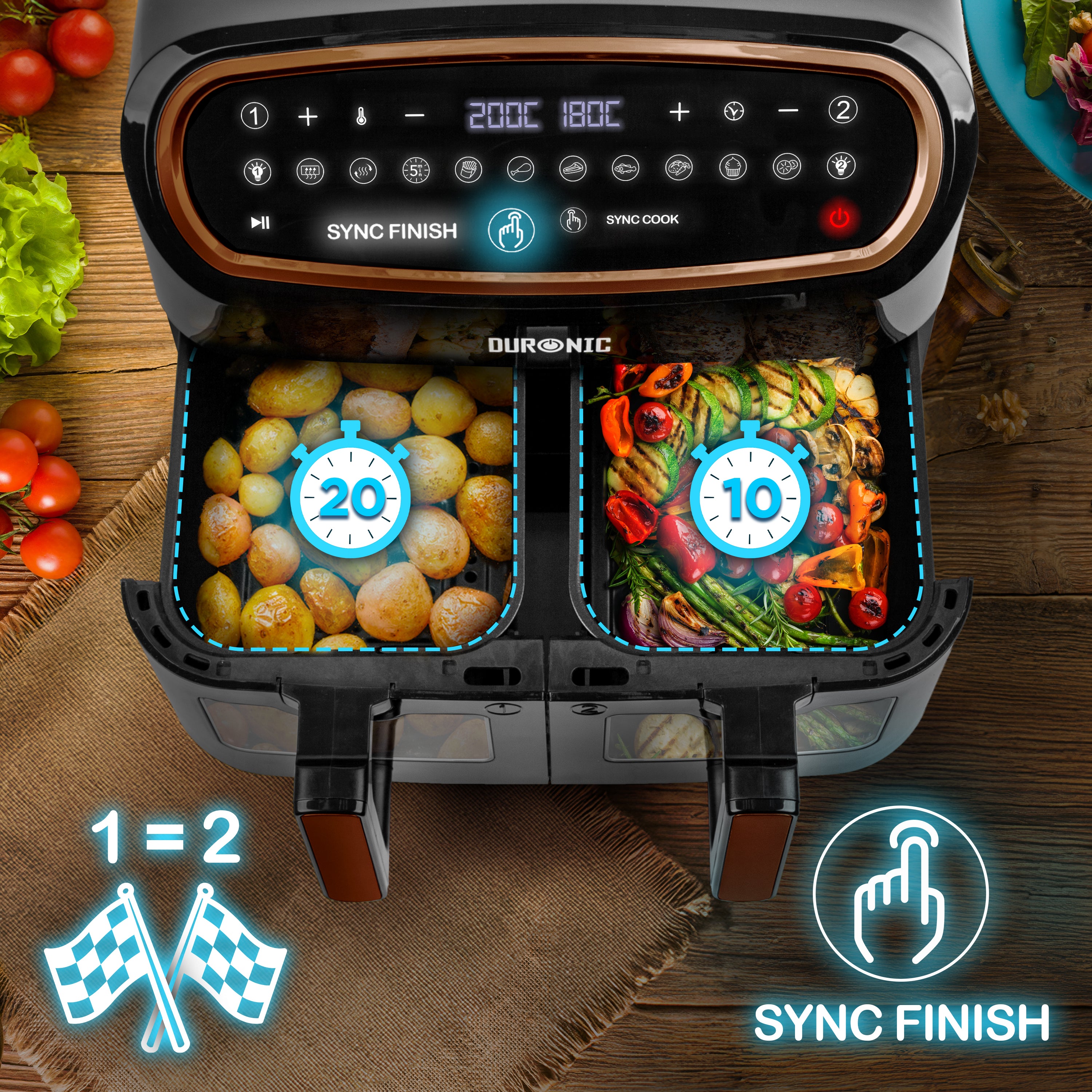 Duronic AF34 BG Freidora de aire sin aceite 2400 W | Air Fryer 2 cestas 5L + 1 cesta 10L con Ventana | Airfryer 10 programas | Pantalla táctil | Cestas antiadherentes | Fácil de limpiar | 50-200º