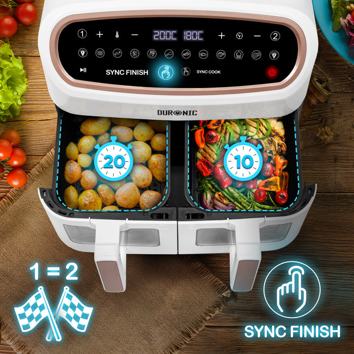 Duronic AF34 WG Freidora de aire sin aceite 2400 W | Air Fryer 2 cestas 5L + 1 cesta 10L con Ventana | Airfryer 10 programas | Pantalla táctil | Cestas antiadherentes | Fácil de limpiar | 50-200º