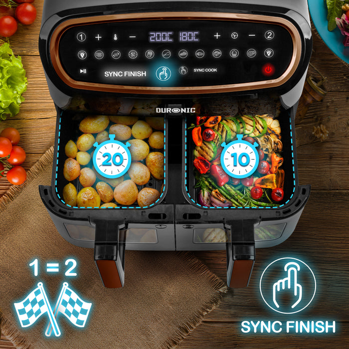 Duronic AF34 BG Freidora de aire sin aceite 2400 W | Air Fryer 2 cestas 5L + 1 cesta 10L con Ventana | Airfryer 10 programas | Pantalla táctil | Cestas antiadherentes | Fácil de limpiar | 50-200º