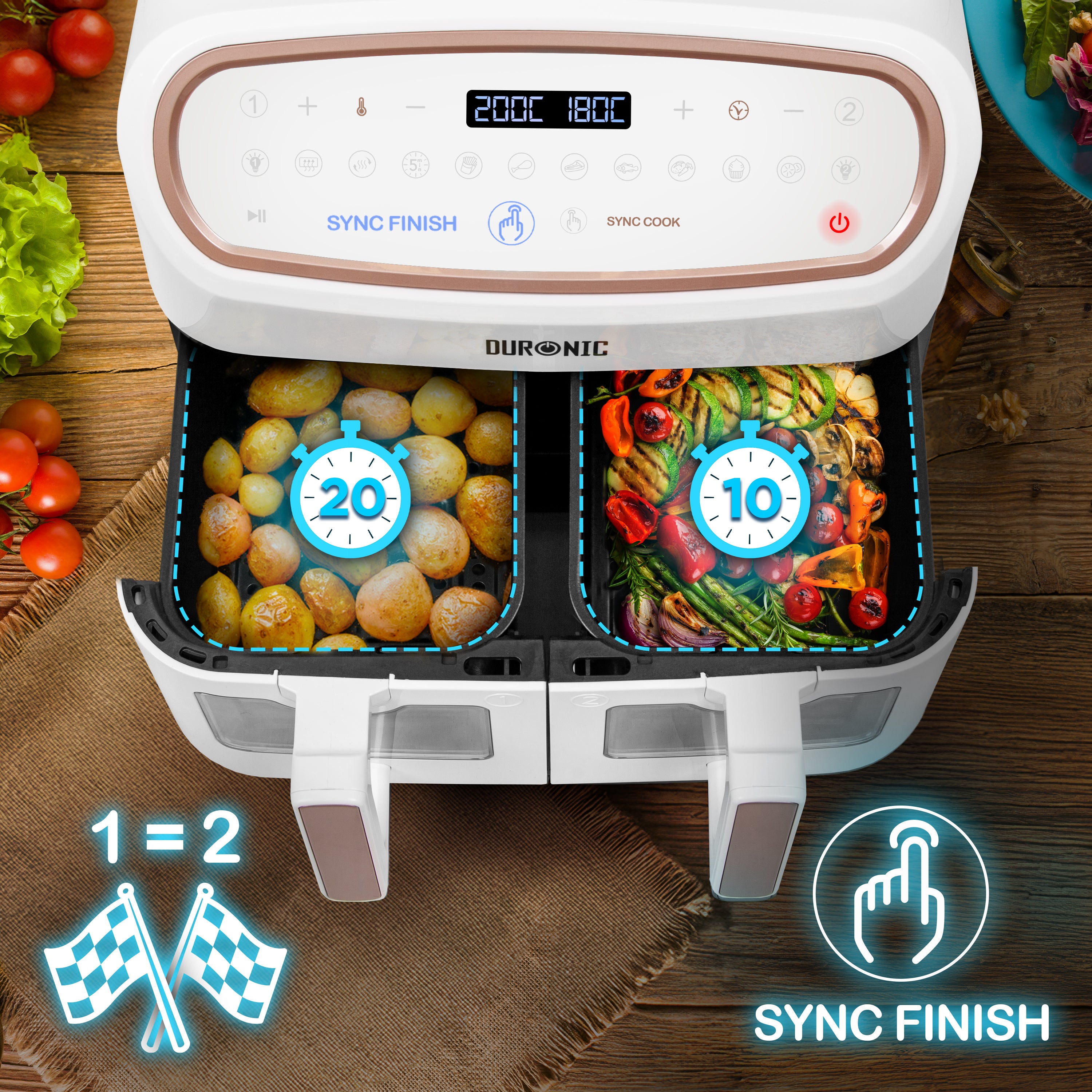 Duronic AF34 WE Freidora de aire sin aceite 2400 W | Air Fryer 2 cestas 5L + 1 cesta 10L con Ventana | Airfryer 10 programas | Pantalla táctil | Cestas antiadherentes | Fácil de limpiar | 50-200º (Copy)