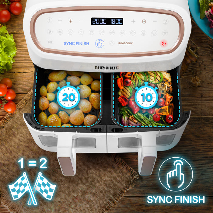 Duronic AF34 WE Freidora de aire sin aceite 2400 W | Air Fryer 2 cestas 5L + 1 cesta 10L con Ventana | Airfryer 10 programas | Pantalla táctil | Cestas antiadherentes | Fácil de limpiar | 50-200º (Copy)