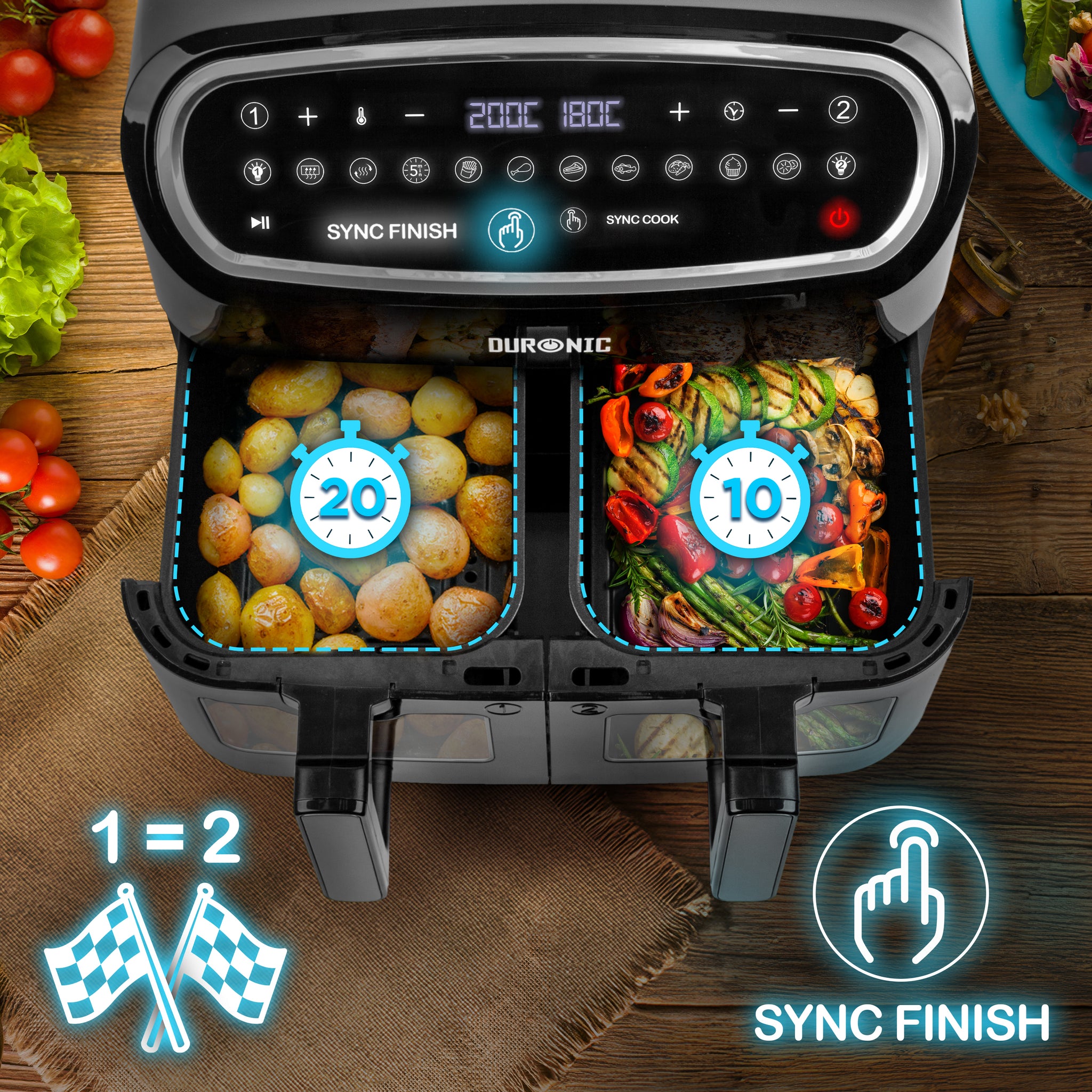 Duronic AF34 BK Freidora de aire sin aceite 2400 W | Air Fryer 2 cestas 5L + 1 cesta 10L con Ventana | Airfryer 10 programas | Pantalla táctil | Cestas antiadherentes | Fácil de limpiar | 50-200º