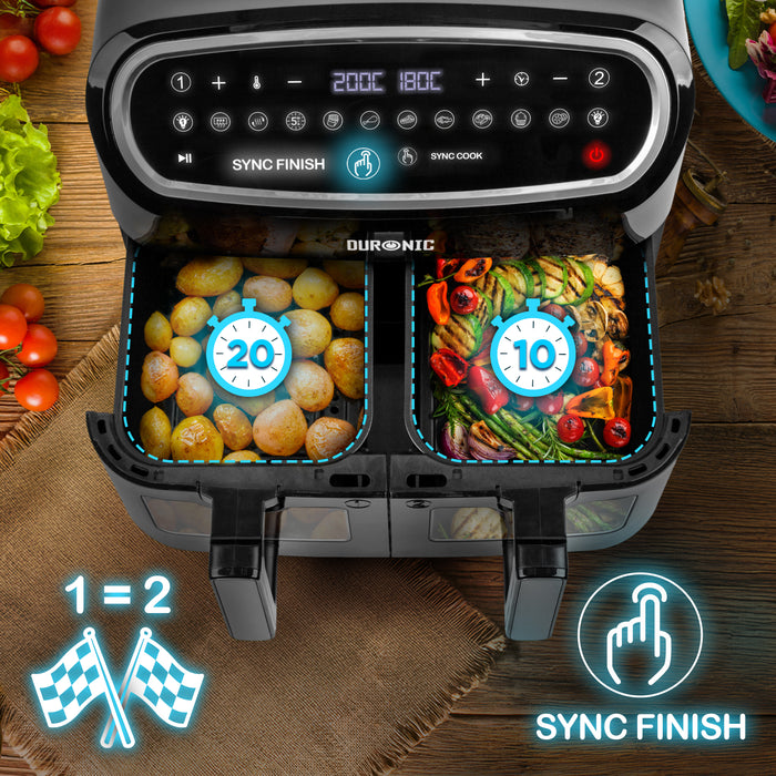 Duronic AF34 BK Freidora de aire sin aceite 2400 W | Air Fryer 2 cestas 5L + 1 cesta 10L con Ventana | Airfryer 10 programas | Pantalla táctil | Cestas antiadherentes | Fácil de limpiar | 50-200º