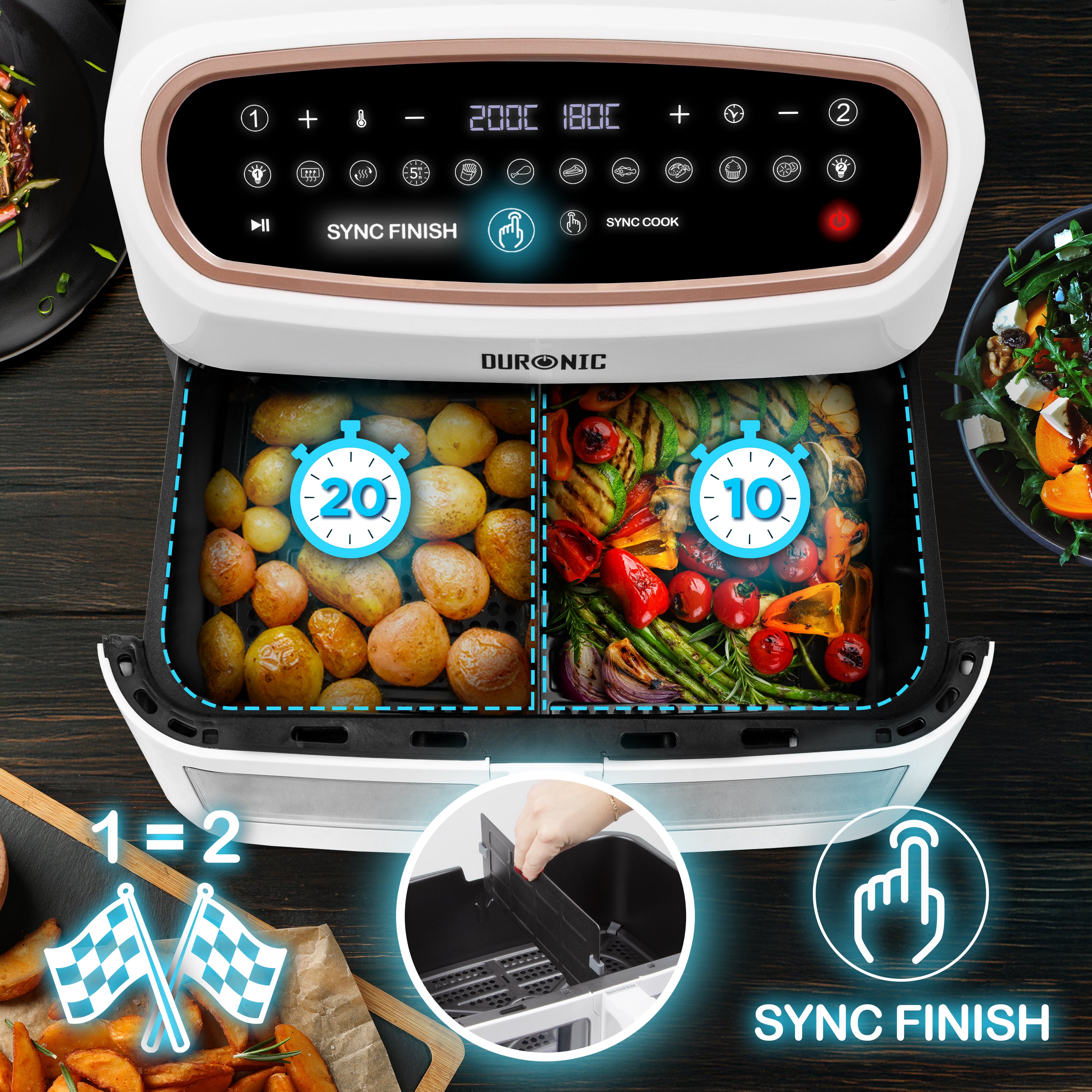 Duronic AF14 WG Freidora de aire sin aceite 2400 W | Air Fryer 1 cesta 10L con Ventana | Airfryer 10 programas | Pantalla táctil | Cestas antiadherentes | Fácil de limpiar | 50-200º