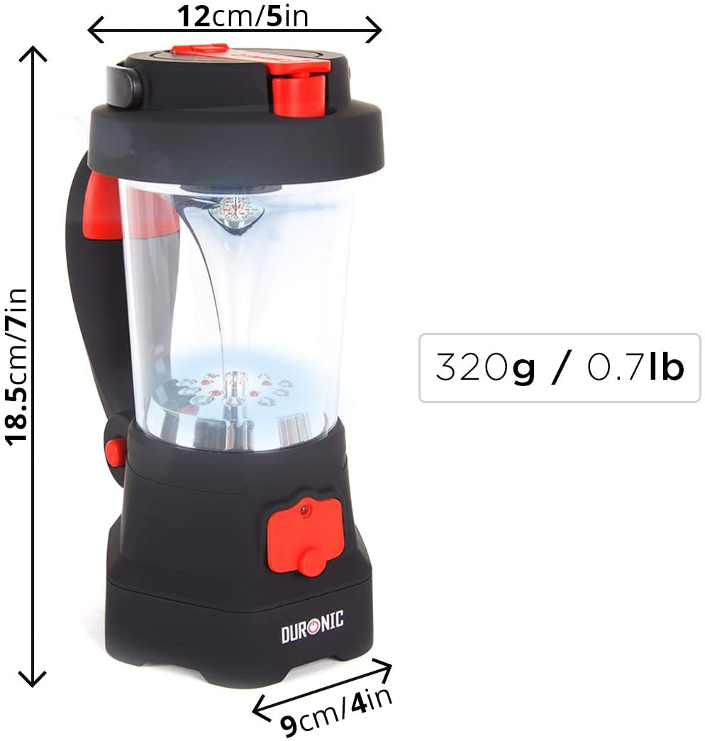 Duronic Hurricane Linterna con Dinamo y USB, 10 LED, Señal de Emergencia | Mostrando un diagrama con las especificaciones de tamaño y peso de la linterna de emergencia: una altura de 18.5 cm / 7 in, un ancho superior de 12 cm / 5 in, una base de 9 cm / 4 in, y un peso total de 320 g / 0.7 lb