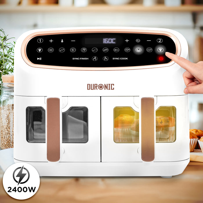 Duronic AF34 WG Freidora de aire sin aceite 2400 W | Air Fryer 2 cestas 5L + 1 cesta 10L con Ventana | Airfryer 10 programas | Pantalla táctil | Cestas antiadherentes | Fácil de limpiar | 50-200º
