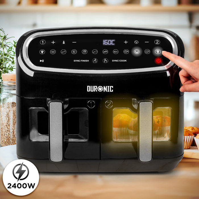 Duronic AF24 Freidora de aire sin aceite 2400 W | Air Fryer 2 cestas de 5L con ventanas | Airfryer 10 en 1 | 10 programas y 10 L | Pantalla táctil | Cestas antiadherentes | Fácil de limpiar | 50-200º