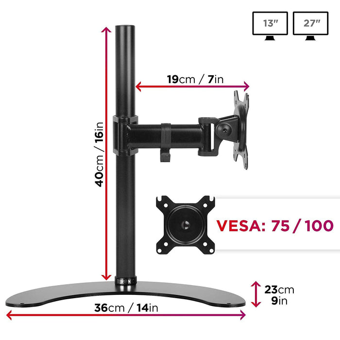 Duronic DM25D1 BK Brazo para Monitor de 13 a 27" de hasta 8kg | Con brazo extensible de 19cm | Altura Poste 40 cm y Base Fija | Cabezal VESA 75 y 100 Giratorio e Inclinable | Soporte TV LCD Ordenador