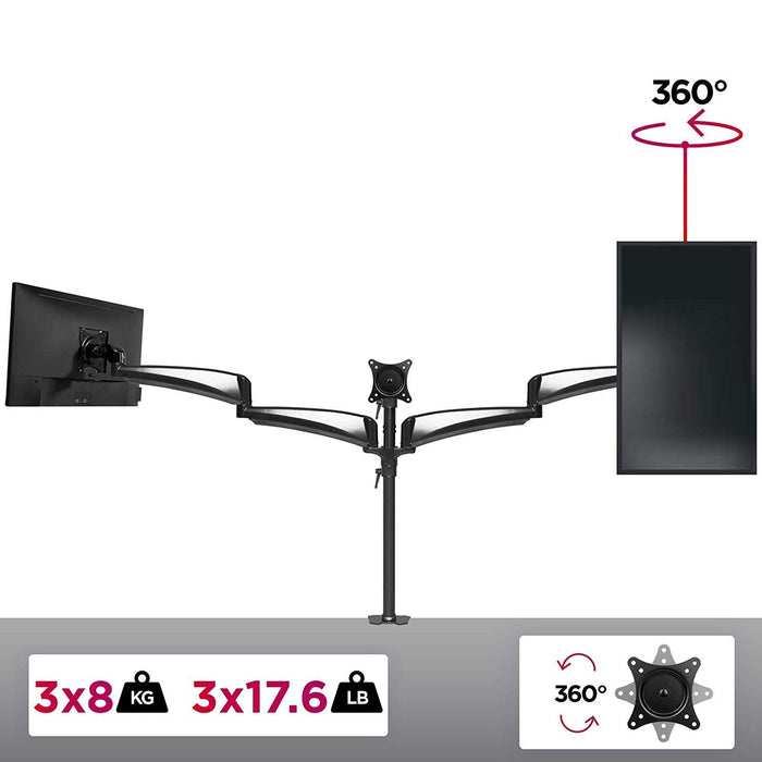 Duronic DM453 Brazo para Monitor triple de 13" a 27" Para 2 pantallas de 8kg cada | Triple Brazo Extensible 76cm cada | Cabezal Giratorio Inclinable VESA 75 y 100 Altura Ajustable 40cm | Soportes