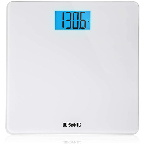 Duronic BS403 Báscula Digital de Baño|Sensores de precisión y Lectura Grasa Corporal |Hasta 180kg | Pantalla LCD con Texto XL|Autoencendido y apagado automático| Vidrio Blanco Elegante Antideslizante