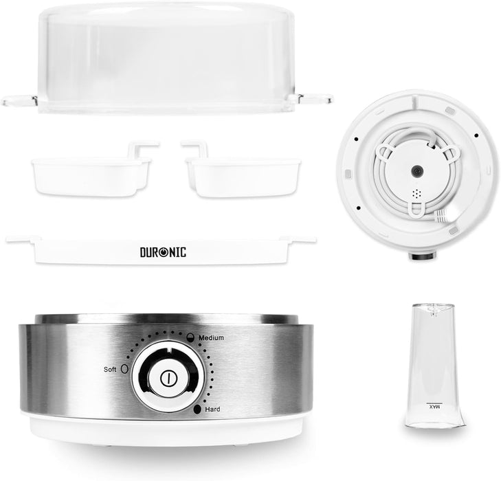 Duronic EB40 WE Hervidor de huevos | Potencia 400W | 7 huevos | Cocción con termostato y minutero | Huevos duros, huevos mollet, huevos pasados por agua | Apagado automático | Accesorio para escalfar