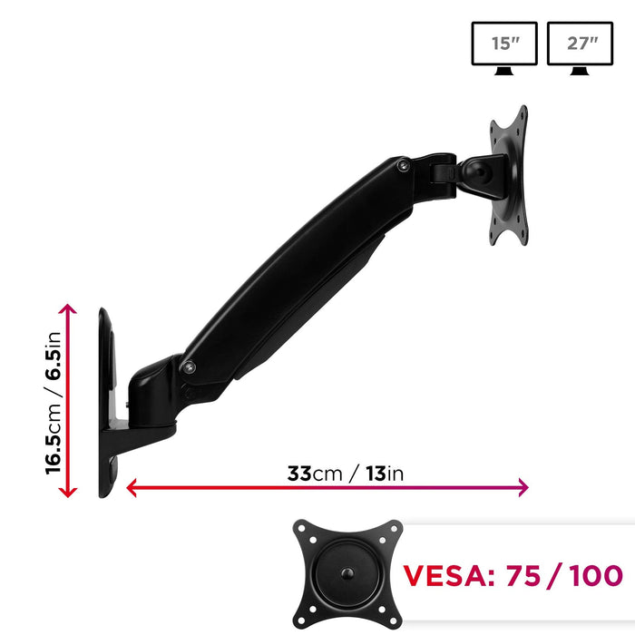 Duronic DM55W1X1 Brazo para Monitor 15 a 27" de Pared | Hasta 8kg | Brazo de 33cm con Sistema de Muelle | Cabezal VESA 75 y 100 Giratorio e Inclinable -90°+85°| Incluye placa para instalacion en pared