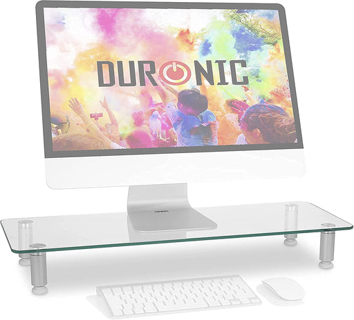 Duronic DM052 1 Elevador para Pantalla|Patas Regulables Antideslizantes y Superficie de 56 x 24 cm | Hasta 20 kg | Cristal | Soporte ergonómico para Oficina Escritorio Ordenador Portátil Televisor