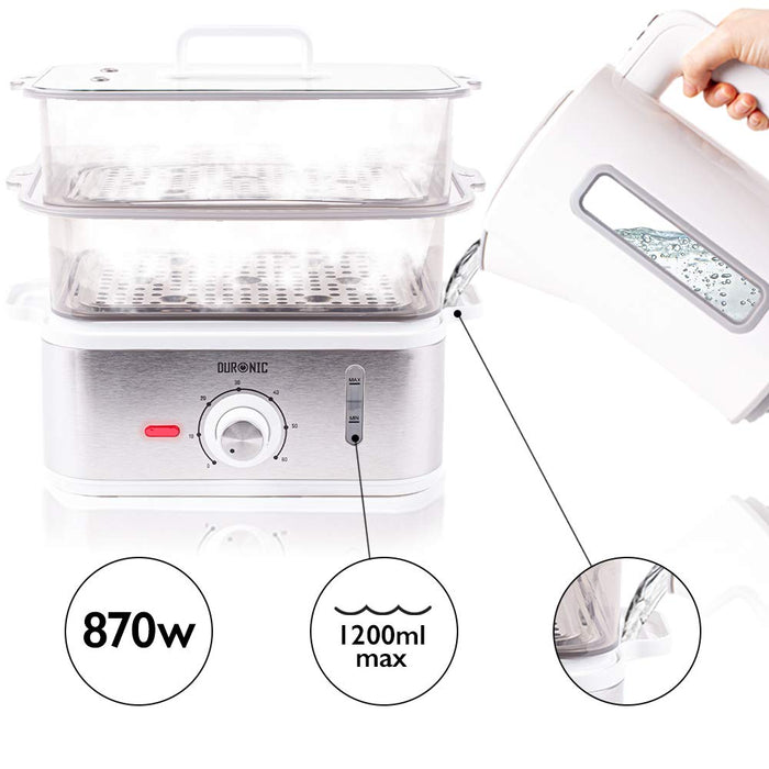 Duronic FS87 Vaporera eléctrica 870W | Minutero Temporizador | Capacidad de 10.6 litros y Bandeja antigoteo | Pantalla LCD digital | Libre de BPA | Cocine verduras pescado arroz platos más sanos