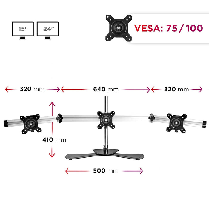 Duronic DM753 Brazo para Monitor triple 3 monitores de 15" a 27" para 3 Pantallas de 8kg cada máx | Cabezal VESA 75 y 100 Inclinable ±15°| Altura Ajustable 40cm | Brazo de 128 cm con Rotacion de 360°