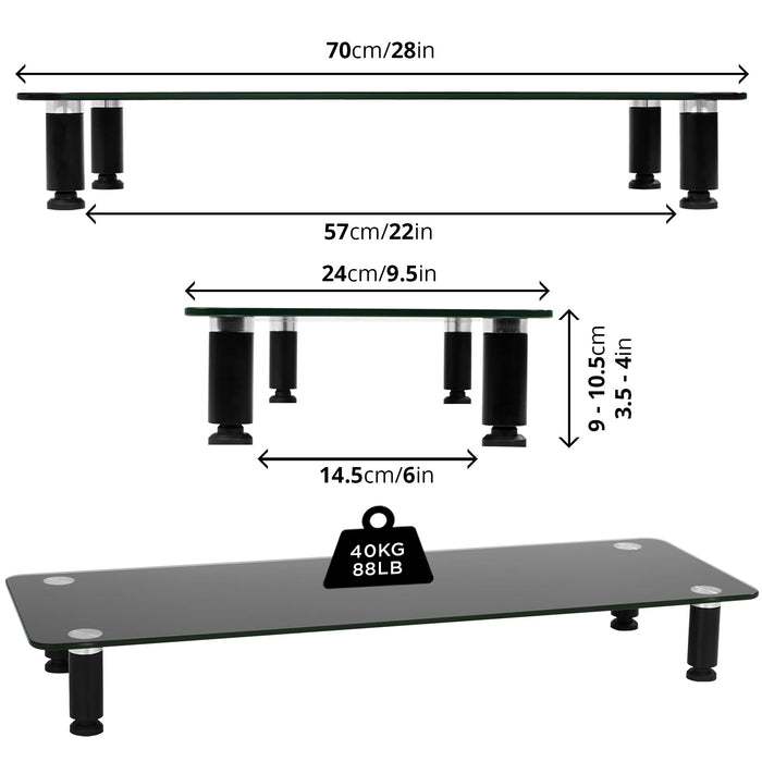 Duronic DM052 4 Elevador para Pantalla|Patas Regulables Antideslizantes|Superficie de 70 x 24cm | Hasta 40kg |Cristal plateado |Soporte ergonómico para Oficina Escritorio Ordenador Portátil Televisor