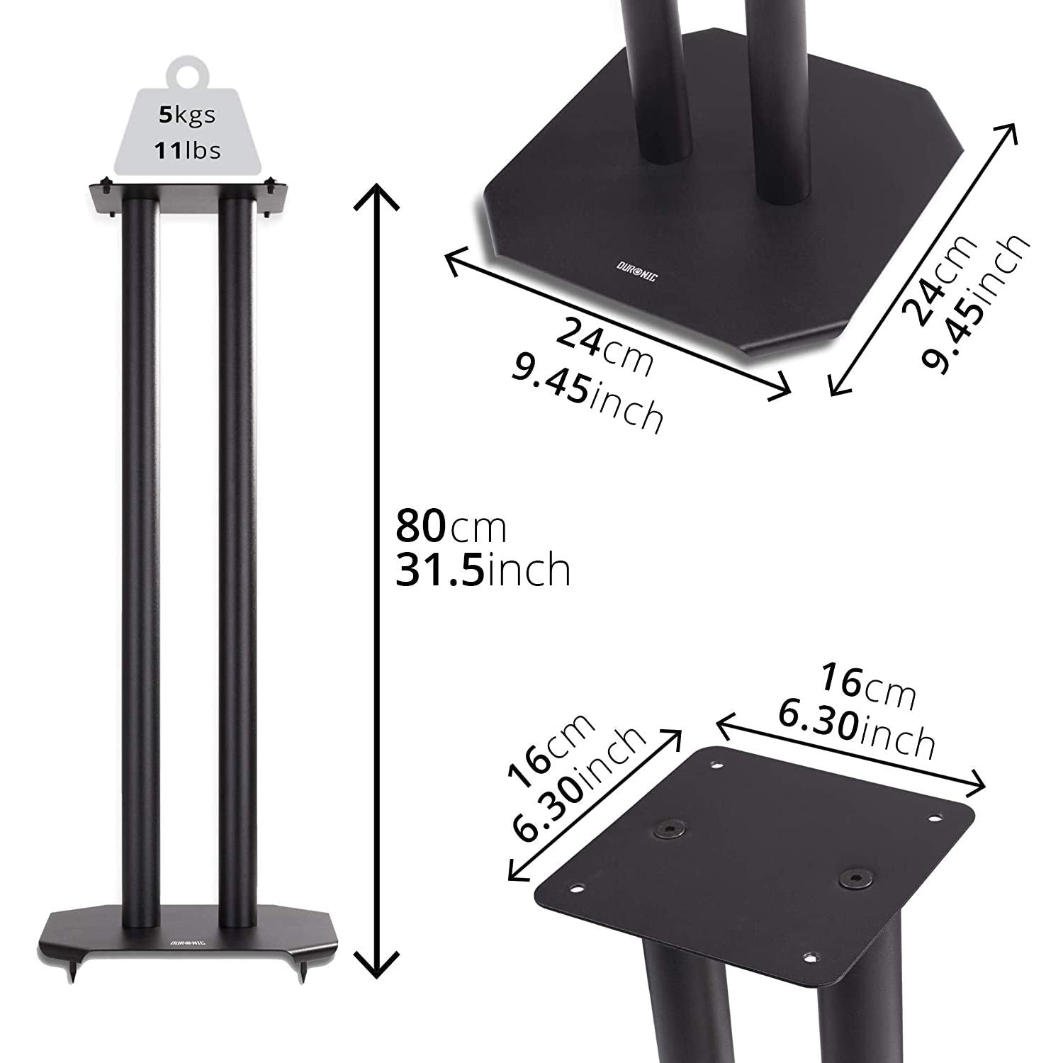 Duronic SPS1022 80 Set de 2 Soportes para Altavoz | 80cm de Altura | Base de 24x24cm y Plataforma de 16x16cm | Capacidad 5kg | Clavos Antivibración para Estabilidad y 8 Almohadillas amortiguadoras