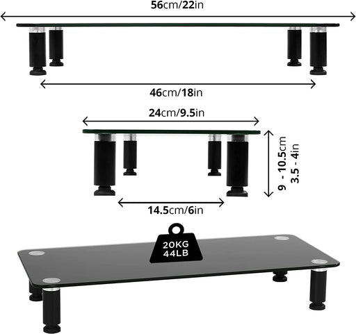 Duronic DM052 2 Elevador para Pantalla|Patas Regulables Antideslizantes|Superficie de 56 x 24 cm | Hasta 20 kg | Cristal negro| Soporte ergonómico para Oficina Escritorio Ordenador Portátil Televisor