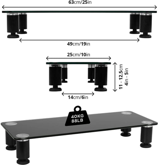 Duronic DM052 3 Elevador para Pantalla|Patas Regulables Antideslizantes | Superficie de 70x24cm | Hasta 20kg | Cristal plata| Soporte ergonómico para Oficina Escritorio Ordenador Portátil Televisor