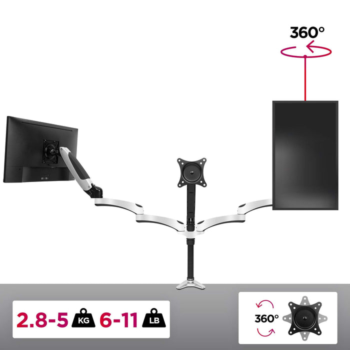 Duronic DM653 Brazo para Monitor triple 3 monitores de 15" a 27" para Pantallas de 5kg cada máx | Cabezal VESA 75 y 100 Giratorio e Inclinable -90°+85° | Altura Ajustable 40cm | Doble Brazo 85cm cada