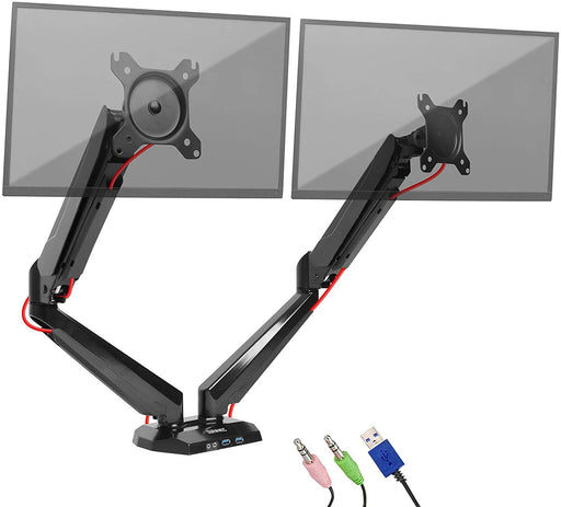 Duronic DMUSB5X2 Brazo para Monitor de 15" a 27" de 8kg y 2 Pantallas | Muelle de Gas | Entrada USB y Entrada para Auriculares y Micrófono | Altura ajustable Rotación horizontal y Gestion de cableado