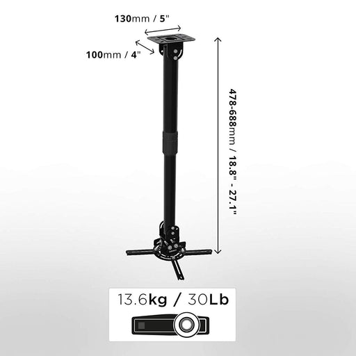 Duronic PB04XL Soporte para Proyector de Techo y Pared | Universal y Articulado | Palo Extensible | Carga Máx 13.6 kg | Color Negro | Ideal para Cine en Casa Videojuegos Presentaciones