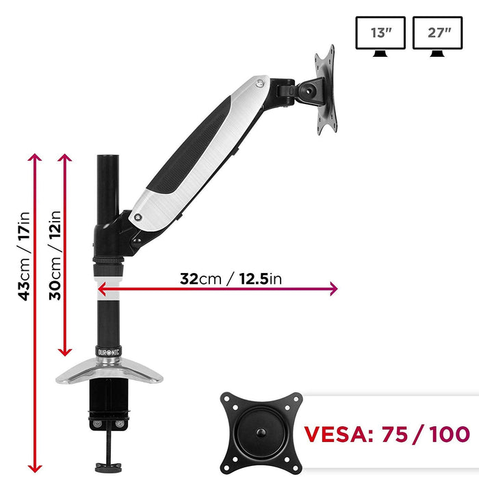 Duronic DM651X1 Brazo para Monitor 15 a 27" de Pared | Hasta 8 kg | Brazo de 32cm con Resorte de Gas | Cabezal VESA 75 y 100 Giratorio e Inclinable -90°+85° | Incluye placa para instalacion en pared