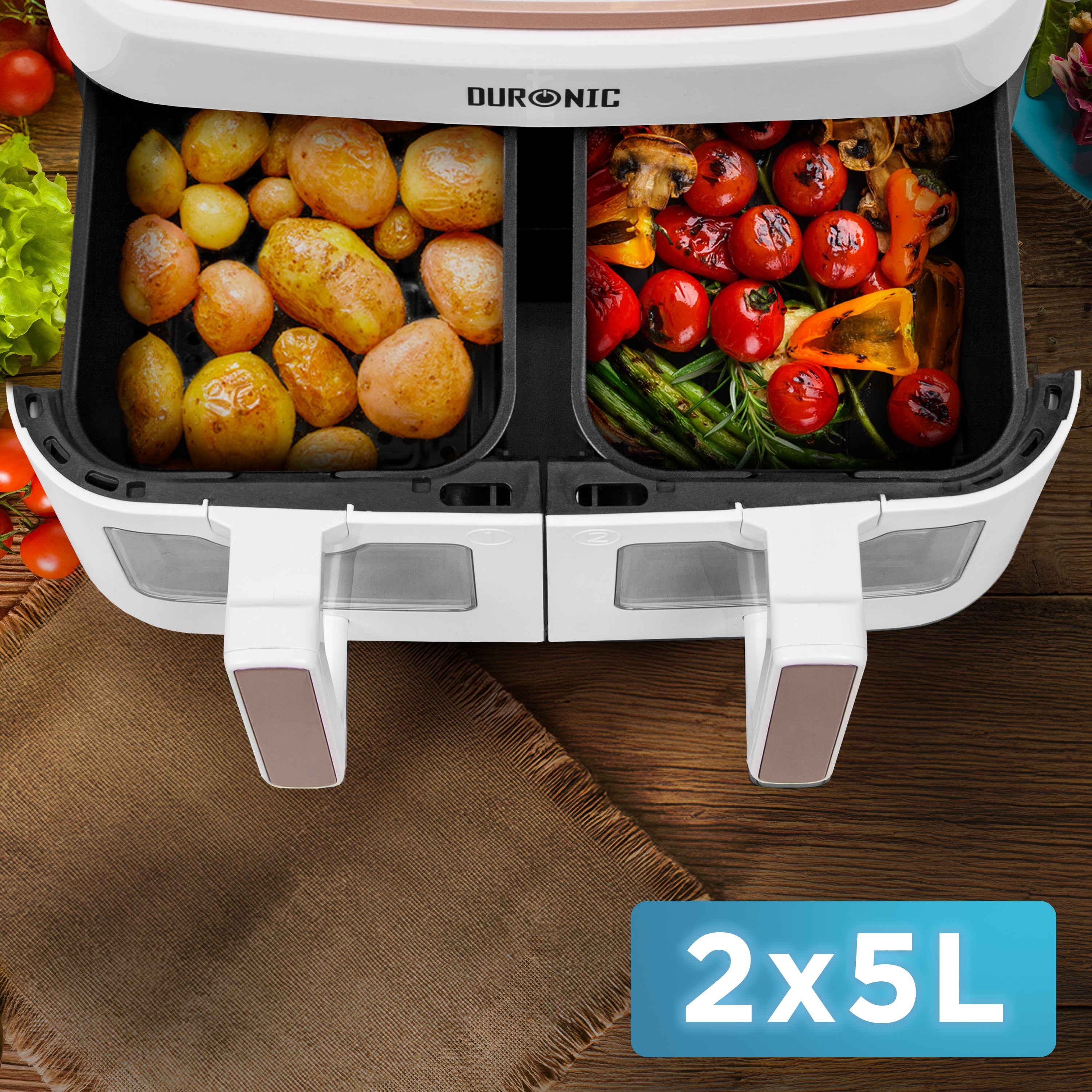 Duronic AFD2 WE 2 cestas de cocción de 5 litros Cada una Compatible únicamente con freidora de Aire Modelos AF14, AF24 y AF34. Cajón de cocción para Airfryer