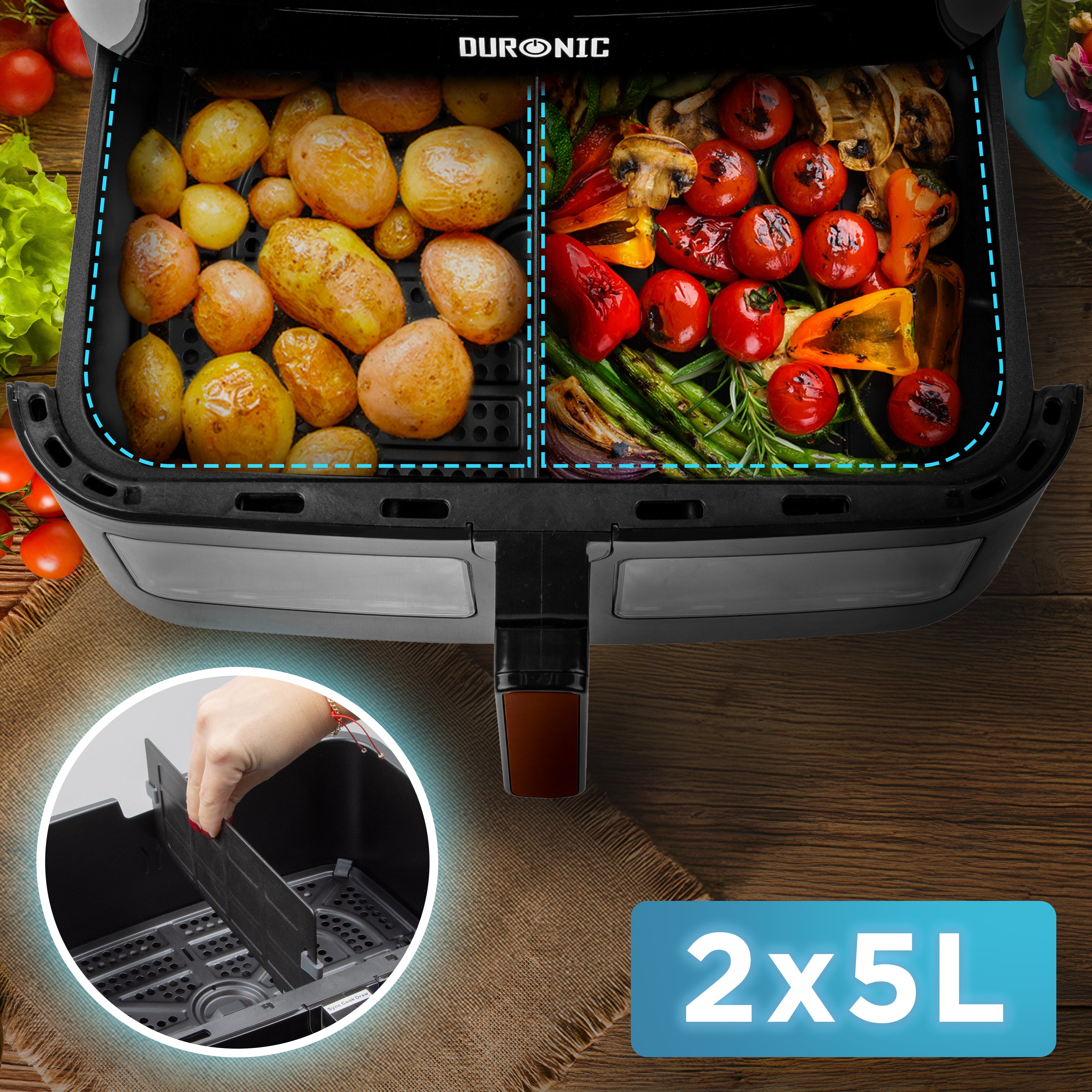 Duronic AFD1 BG Gran bandeja de cocción de 10L para freidora de aire Duronic AF24 | Contenedor de freidora de aire de doble zona | Opción Sync Cook | Solo Cajón, freidoras AF24 AF34 no incluidas