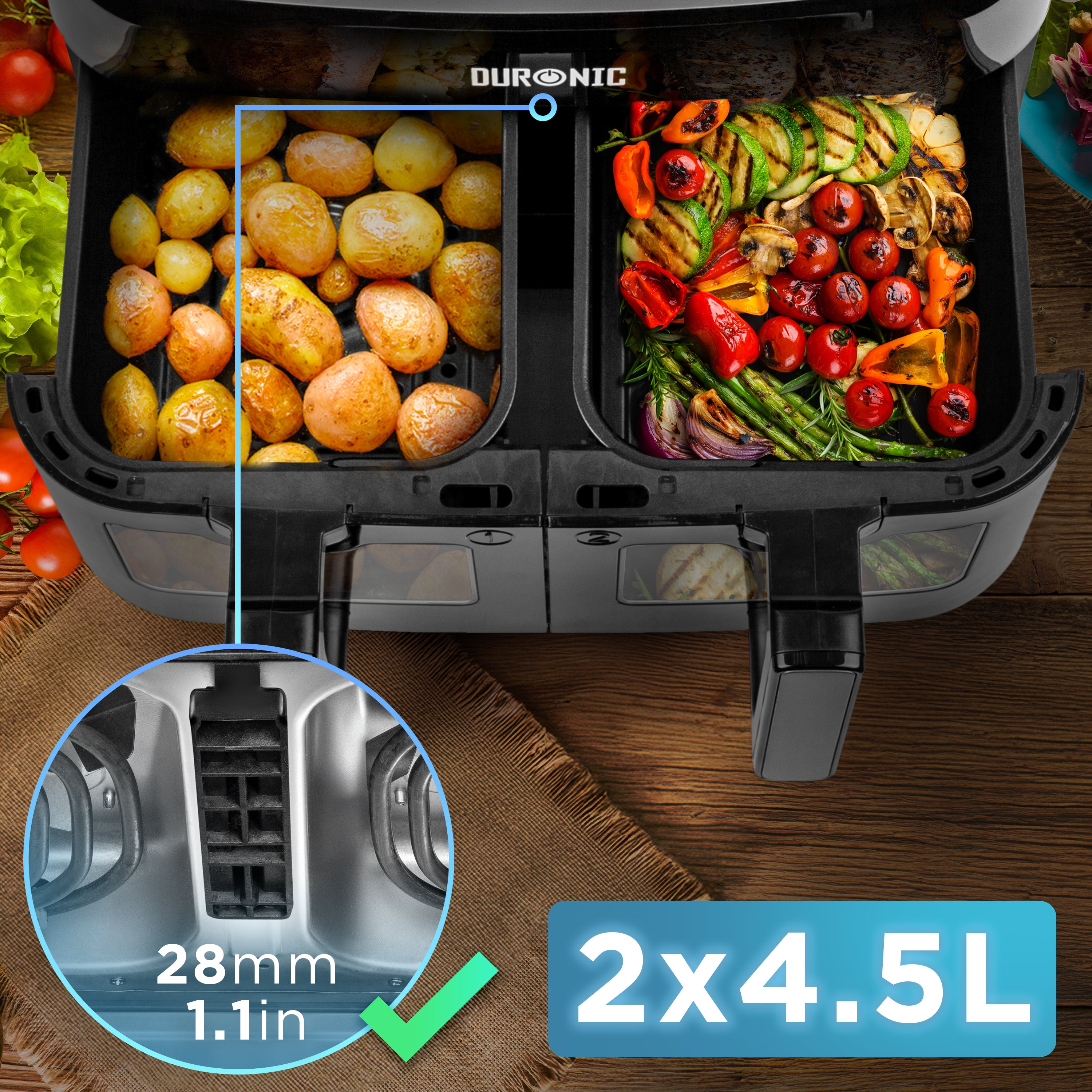 Duronic AFD2 BK 2 cestas de cocción de 4,5 litros Cada una Compatible únicamente con freidora de Aire Modelos AF14, AF24 y AF34. Cajón de cocción para Airfryer (Copy)