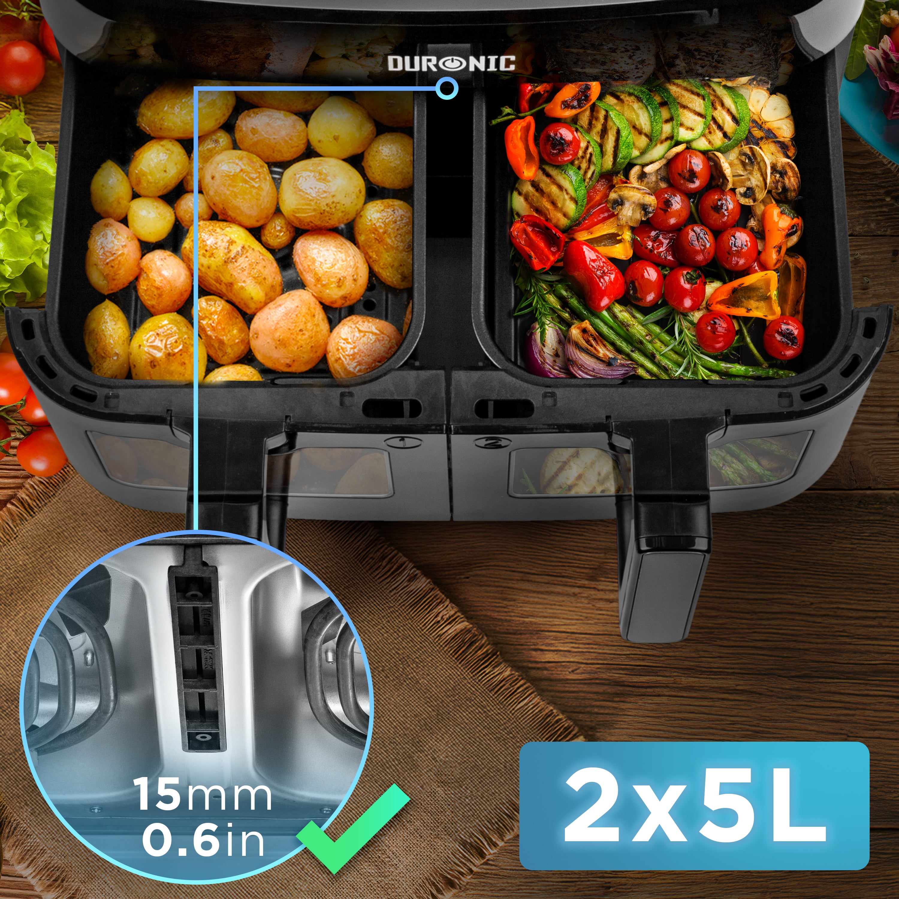 Duronic AFD2 BK 2 cestas de cocción de 5 litros Cada una Compatible únicamente con freidora de Aire Modelos AF14, AF24 y AF34. Cajón de cocción para Airfryer