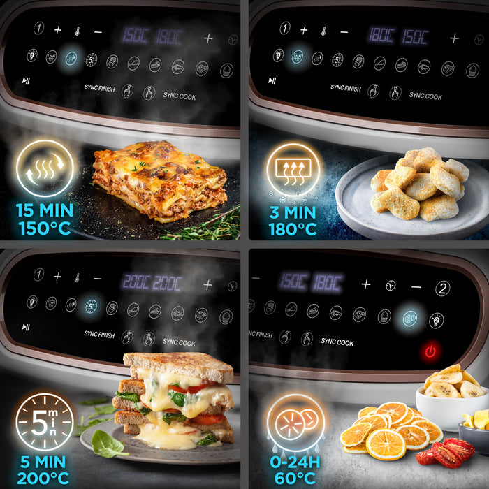 Duronic AF34 WG Freidora de aire sin aceite 2400 W | Air Fryer 2 cestas 5L + 1 cesta 10L con Ventana | Airfryer 10 programas | Pantalla táctil | Cestas antiadherentes | Fácil de limpiar | 50-200º