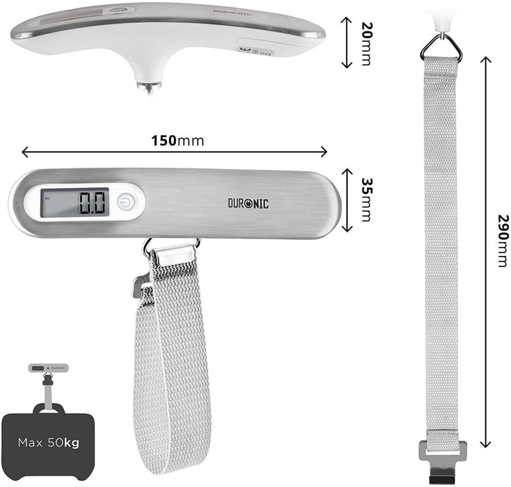 Duronic LS1013 Báscula para Equipaje Digital | Pantalla LCD y Capacidad de hasta 50kg para Maletas | Correa de nailon y Pesaje Instantaneo | Balanza Ergonómica | Mochila de Viaje Pesca | Plateado